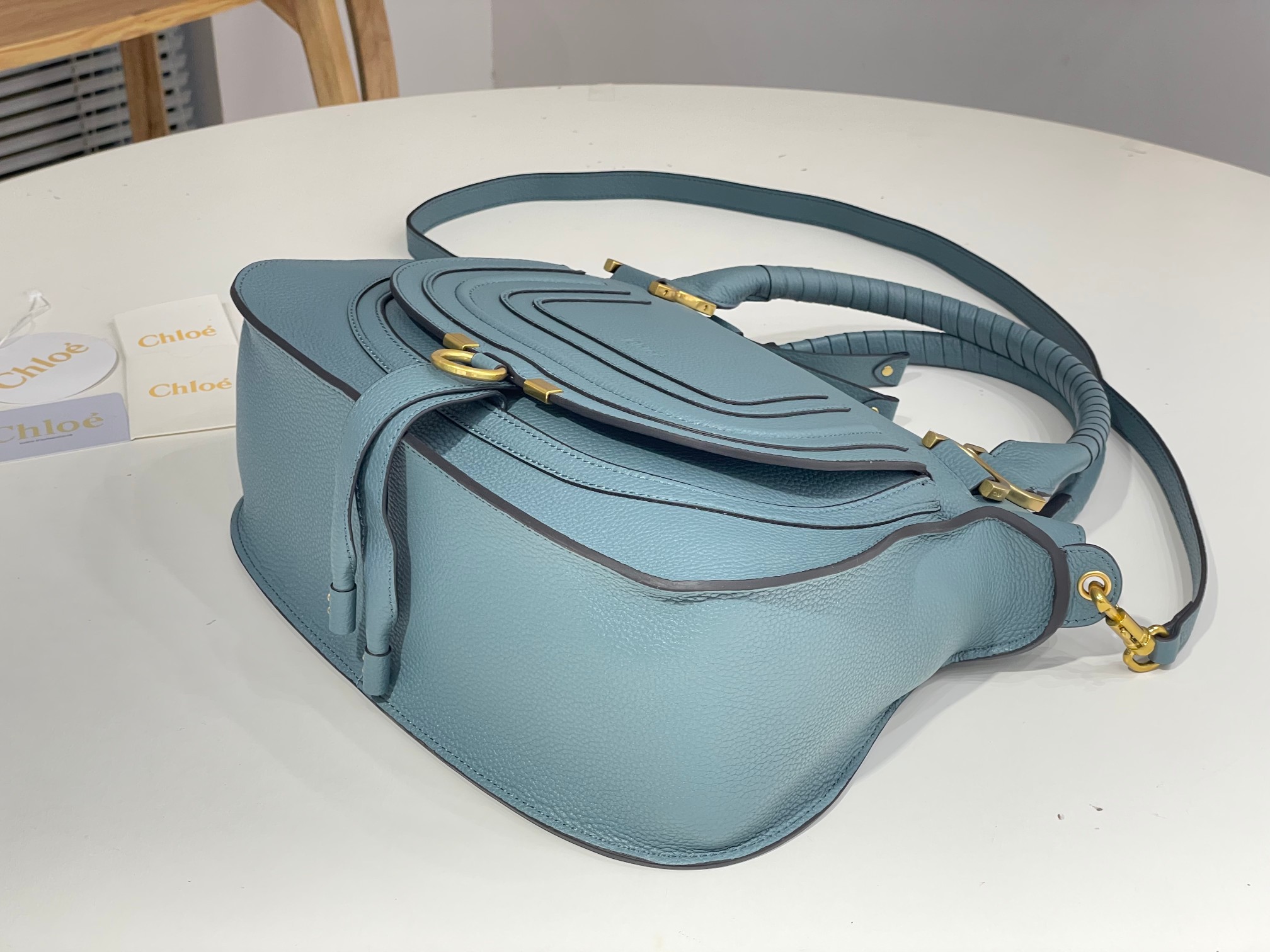 Chloe Large Marcie Bag In Light Blue Grained Leather